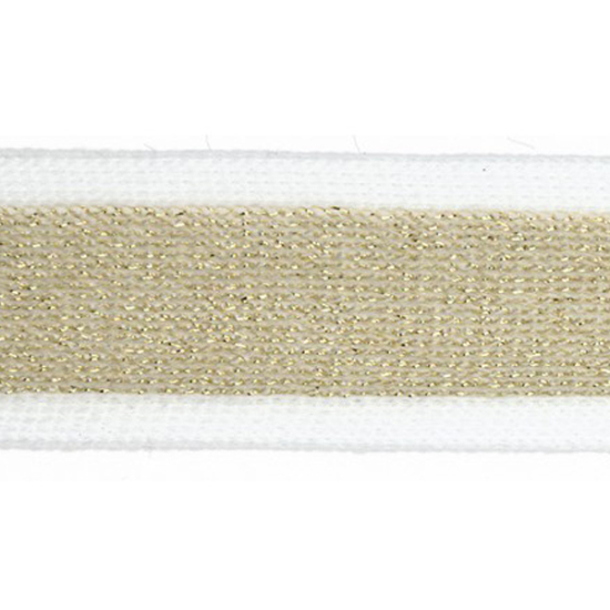 Galonband weiss mit einer Breite von 30mm mit einem goldenen Mittelstreifen und glitzernden Lurexeffekt