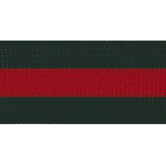 Galonband in dunklen grün mit einer Breite von 30mm gemustert mit roten Mittelstreifen