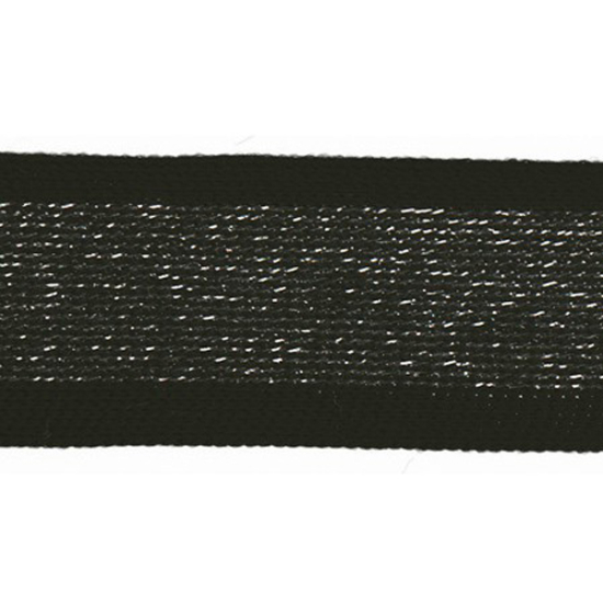 Galonband schwarz mit einer Breite von 30mm mit einem silbernen Mittelstreifen und glitzernden Lurexeffekt