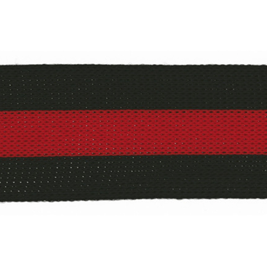 Galonband in schwarz mit einer Breite von 30mm gemustert mit roten Mittelstreifen