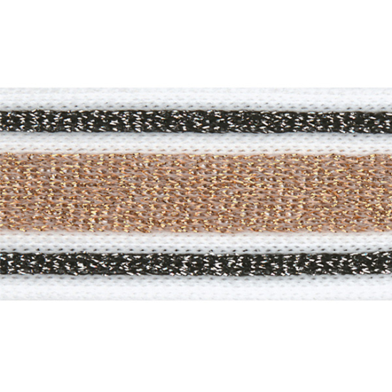 Galonband weiss mit einer Breite von 30mm gemustert mit einem bronzenen Mittelstreifen und schmalen schwarzen Seitenstreifen mit glitzernden Lurexeffekt