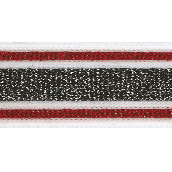 Galonband weiss mit einer Breite von 30mm gemustert mit einem schwarzen Mittelstreifen und schmalen roten Seitenstreifen mit glitzernden Lurexeffekt