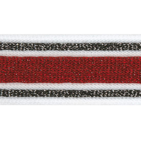 Galonband weiss mit einer Breite von 30mm gemustert mit einem roten Mittelstreifen und schmalen schwarzen Seitenstreifen mit glitzernden Lurexeffekt