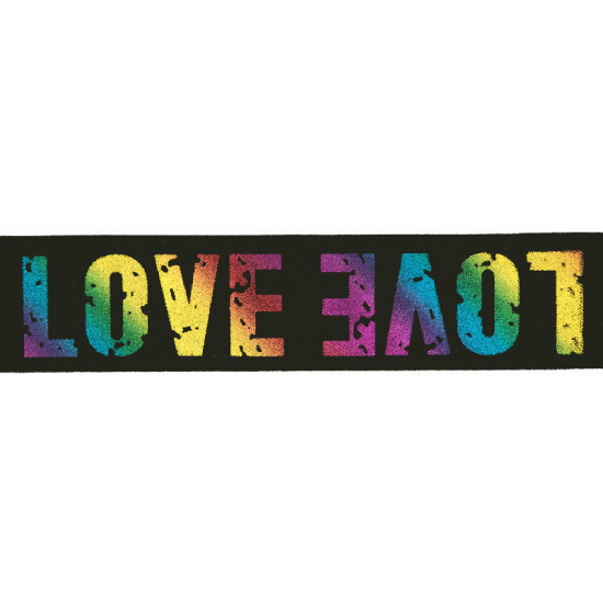 Gummiband mit einer Breite von ca. 40 mm in schwarz mit Aufschrift "LOVE" in bunten neonfarben