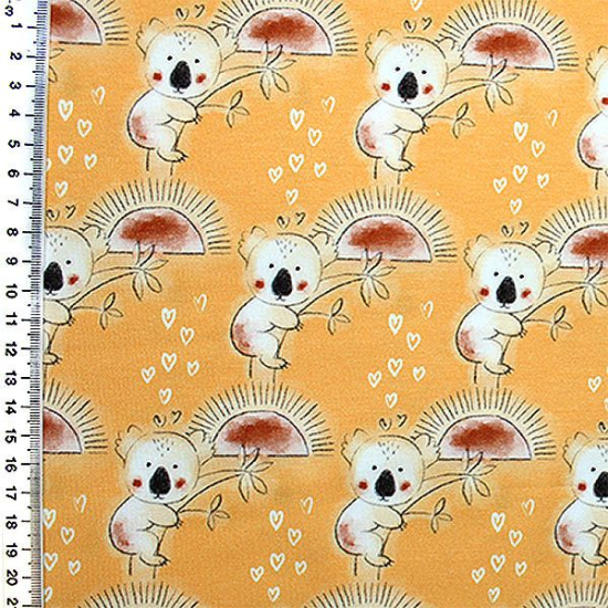 Baumwolljersey von HILCO in gelb gemustert mit niedlichen Koalamotiven im Digitaldruck aus der Stoffserie "organic safari".