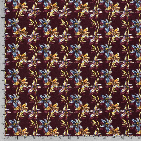baumwolljersey in bordeaux gemustert mit edlen blumenmotiven im digitaldruck