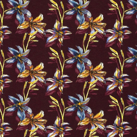 baumwolljersey in bordeaux gemustert mit edlen blumenmotiven im digitaldruck