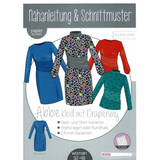 Tolles Schnittmuster von ki-ba-doo für Damen für ein Kleid mit Drapierung in den Größen 32-48.