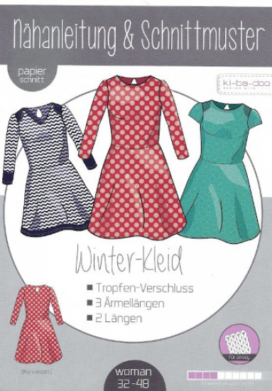 Schnittmuster von ki-ba-doo für ein Winter-Kleid  mit Tropfen- Verschluss, 3 Ärmellängen und 2  Längen für Damen