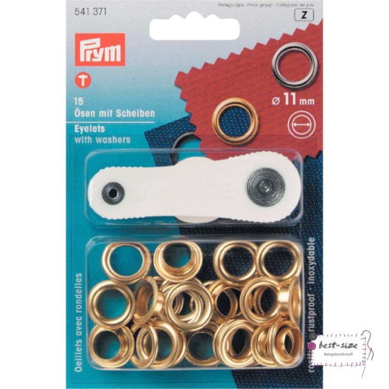 Packung mit 15 goldenen Ösen mit Scheiben mit 11mm Durchmesser von Prym inklusive Werkzeug.
