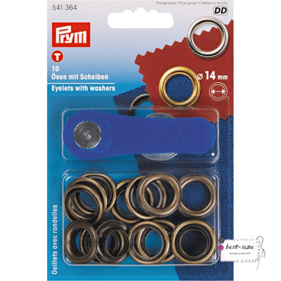 Packung mit 10 Ösen mit Scheiben in altmessing mit 14mm Durchmesser von Prym inklusive Werkzeug.