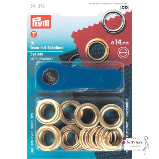 Packung mit 10 goldenen Ösen mit Scheiben mit 14mm Durchmesser von Prym inklusive Werkzeug.