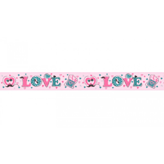 satinriband in rosa gemustert mit love aufdruck  zum Applizieren, Aufnähen, Basteln, Schmücken und Verzieren.