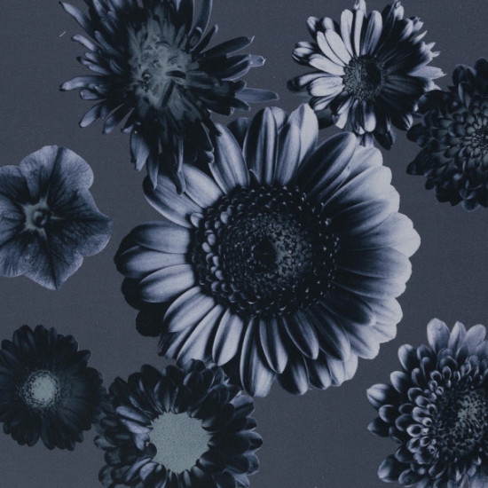 Baumwollstretch von Swafing in dunklen jeansblau gemustert mit großen Blumenblüten im Digitaldruck designed by Cherry Picking