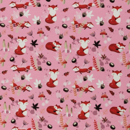 Baumwolljersey von Swafing in rosa gemustert mit niedlichen Fuchsmotiven