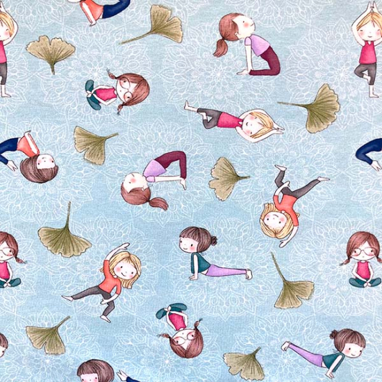 Baumwolljersey in hellblau mit Yogamotiven gemustert