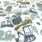 Weicher kuscheliger French Terry in Offwhite mit vielen Fahrzeugen gemustert